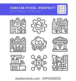 Green city pixel perfect linear icons set. Smart manufacturing. Renewable energy sources, decarbonization. Customizable thin line symbols. Isolated vector outline illustrations. Editable stroke