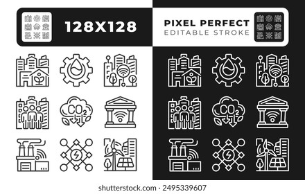 Iconos lineales perfectos de píxel de ciudad verde establecidos para el modo oscuro y claro. Fabricación inteligente. Fuentes de energía renovables. Símbolos de línea fina para el tema de noche, día. Ilustraciones aisladas Trazo editable