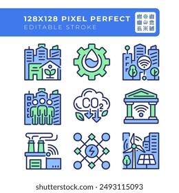 Green city pixel perfect RGB color icons set. Smart manufacturing. Renewable energy sources, decarbonization. Isolated vector illustrations. Simple filled line drawings collection. Editable stroke