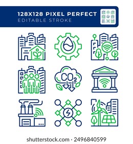 Green city pixel perfect two color line icons set. Smart manufacturing. Renewable energy sources, decarbonization bicolor outline iconset isolated. Duotone pictograms thin linear. Editable stroke