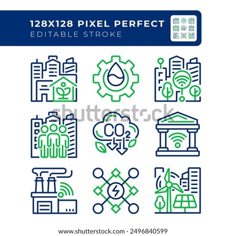 Green city pixel perfect two color line icons set. Smart manufacturing. Renewable energy sources, decarbonization bicolor outline iconset isolated. Duotone pictograms thin linear. Editable stroke