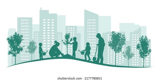 Ciudad verde. Plantando árboles por una gran familia en el patio, parque. Paisaje de la ciudad. Ilustración del vector