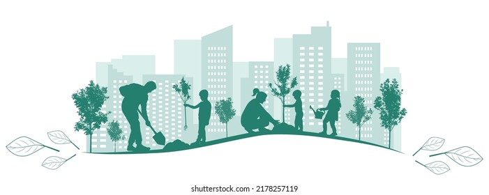 Green city. Planting trees by large family in yard, park. Landscaping of town. Vector illustration