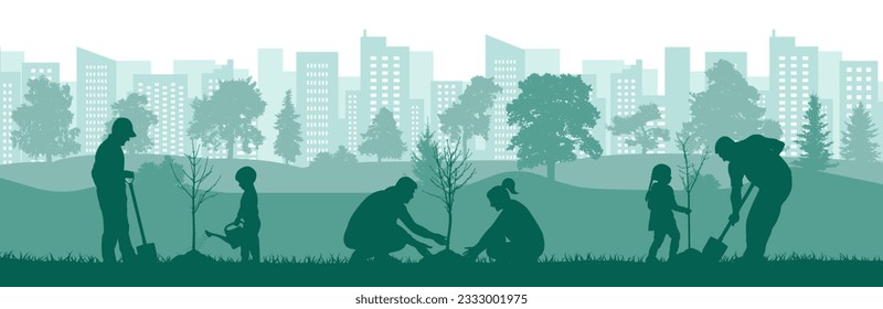 Green city. Planting trees by adults and children in yard, park. Landscaping of town. Vector illustration
