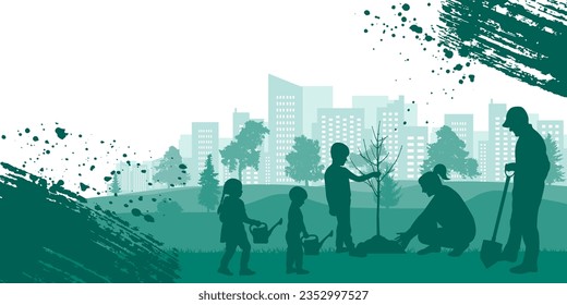 Green city. Planting trees by people in park. Landscaping of town. Banner design. Vector illustration