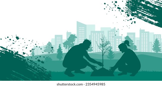 Green city. Planting trees by people in park. Landscaping of town. Banner design. Vector illustration