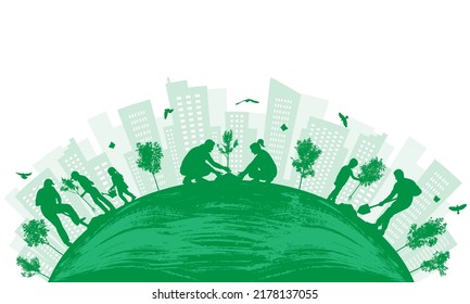 Ciudad verde. Plantando árboles por hombre, mujer, niños en el patio, parque. Paisaje de la ciudad. Ilustración del vector