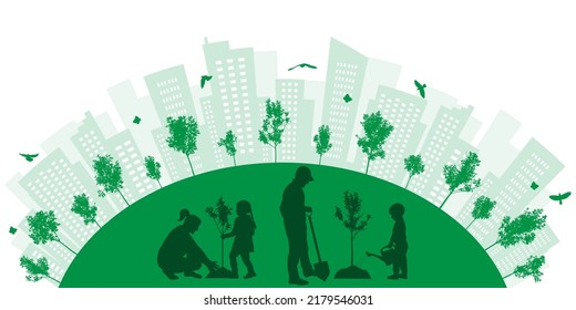 Ciudad verde. Plantando árboles por hombre, mujer, niños en el patio, parque. Paisaje de la ciudad. Ilustración del vector