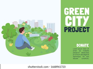 Green city project banner flat vector template. Brochure, poster concept design with cartoon characters. Urban gardening event, buildings landscaping horizontal flyer, leaflet with place for text