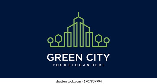 Green City Real Estate Logo Design Vector Template Building. Minimalist Outline Symbol For Environmentally Friendly Buildings. Icon And Business Card Premium Vector.