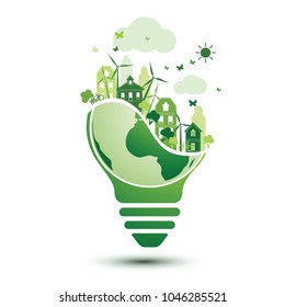 Green city and recycle logo with light bulb eco concept ,vector illustration