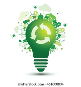 Green City And Recycle Logo With Light Bulb Eco Concept ,vector Illustration