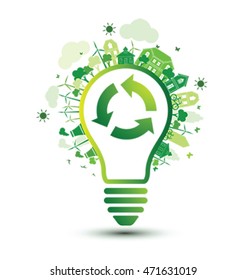 Green city and recycle logo with light bulb eco concept ,vector illustration