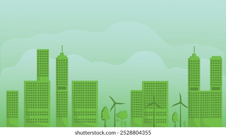 Green city with renewable energy. green building with windmill illustration	