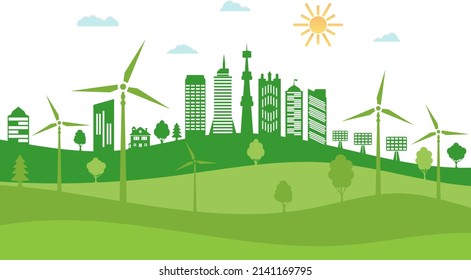 Green city with renewable energy sources. Ecological city and environment conservation. Sustainable development concept. Save the world. Vector illustration.