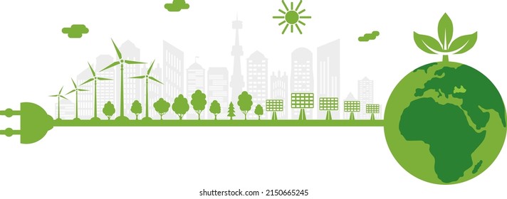 Green city with renewable energy sources. Ecological city and environment conservation. Sustainable development concept. Save the world. Vector illustration.