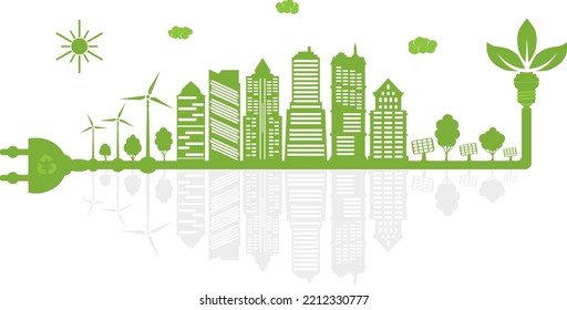 Green city with renewable energy sources. Ecological city with mirror reflection. Environment conservation. Sustainable development concept. Vector illustration.