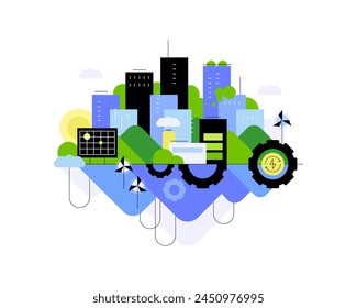 Green city and renewable energy sources. City is charging from alternative power stations. Urban landscape. Modern flat illustration. Vector file.