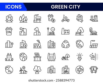 green city, renewable energy, zero waste, eco, fresh air, pure water, electric vehicles, recycling, environment, bike, landscape, Vector illustration.