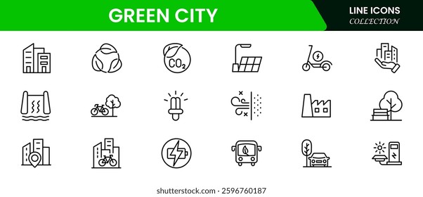 Green city, renewable energy, zero waste, eco, fresh air, pure water, electric vehicles, recycling, environment, bike, landscape, Vector illustration.