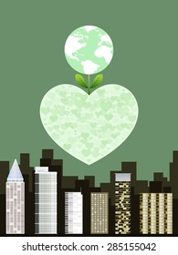 Green city save earth concept. Hearts in city. Vector illustration
