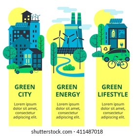 Green city set. Environmental protection, ecology concept vertical banners set. Vector illustration. Eco-city, green energy, lifstyle. Solar panels.