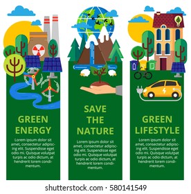 Green city set. Environmental protection, ecology concept vertical banners set. Vector illustration.Save the nature, green energy, lifestyle. Solar panels.