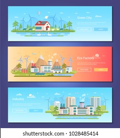 Green city - set of modern flat design style vector illustrations with place for your text. Three high quality banners on eco theme with plant, windmills, mountains, solar panels, pond, skyscrapers