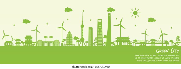 Green city of Shanghai, China. Environment and ecology concept. Vector illustration.