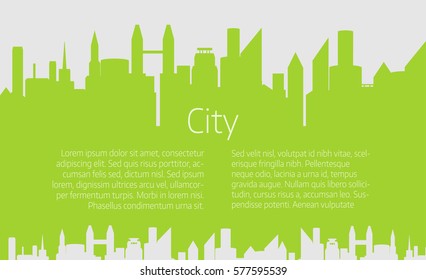  Green city silhouette. Cityscape in flat style. Modern city landscape.