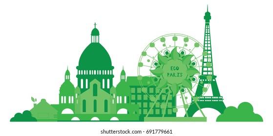 Green city silhouette in flat design. Eco Paris skyline. Eco illustration for banner, stickers, eco tourism