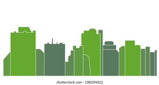 Green City. Silhouette of a modern city. Urban landscape. Cityscape in shades of green. Panorama of the city. Modern architecture