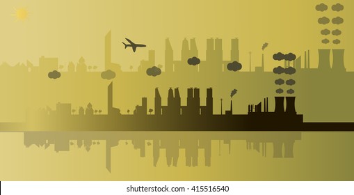 Green city silhouette in sunset . Vector illustration