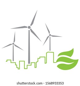 green city skyline with leaves and wind turbines, vector