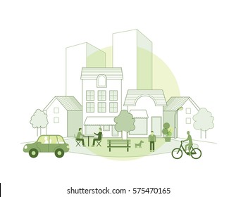 Green city skyline with vehicles and people