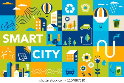 Green city, smart city concept, modern design. Geometric urban landscape, banner and poster