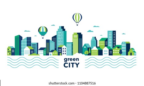 Green city, smart city concept, modern design. Geometric urban landscape, banner and poster