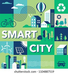 Green city, smart city concept, modern design. Geometric urban landscape, banner and poster