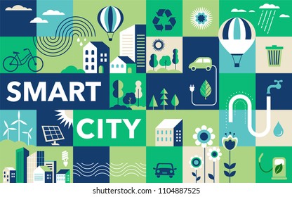 Green city, smart city concept, modern design. Geometric urban landscape, banner and poster