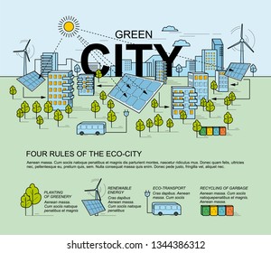 Cidade verde, conceito de cidade inteligente. Tecnologia ecológica moderna. Panorama da cidade no estilo do design linear. Energia inteligente com ícones ambientais.