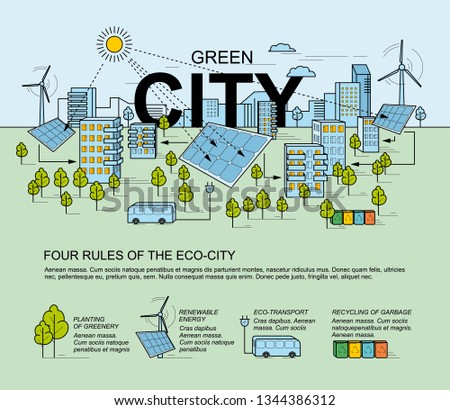 Green city, smart city concept. Modern eco-friendly technology. Panorama of the city in the style of linear design. Smart energy with environmental icons.