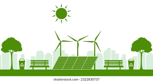 Green City. Smart City. Save the World and Save Energy Concept. Alternative Clean Energy. Eco-Friendly Concept. Vector Illustration. 