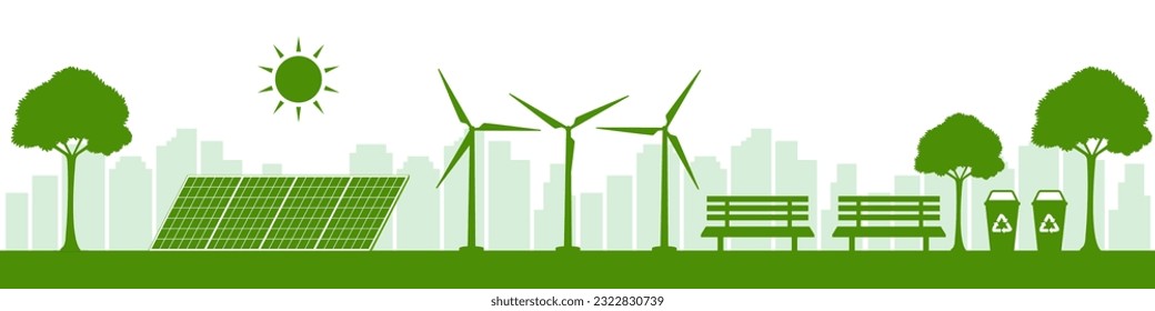 Green City. Smart City. Save the World and Save Energy Concept. Alternative Clean Energy. Eco-Friendly Concept. Vector Illustration. 