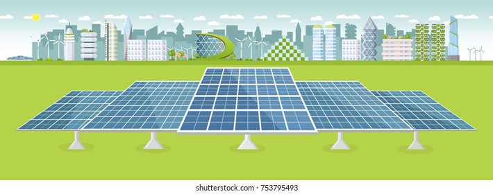 green city with solar panel flat design