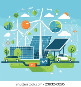 una ciudad verde con paneles solares y turbinas eólicas