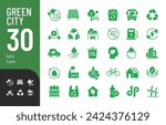 Green City Solid Editable Icons set. Vector illustration in modern flat style of eco related icons: CO2 neutral, zero waste, use bike, green energy, air and water quality. Isolated on white