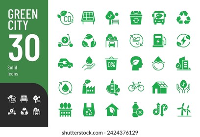 Green City Solid Editable Icons set. Vector illustration in modern flat style of eco related icons: CO2 neutral, zero waste, use bike, green energy, air and water quality. Isolated on white