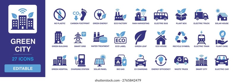 Green city solid vector glyph icon set featuring smart city, electric car, solar house, green building, recycling, water treatment, eco factory, and charging station icons.