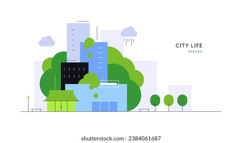 Green city spaces. Urban skyline. Urbanistics. Modern simple flat illustration. Vector file.