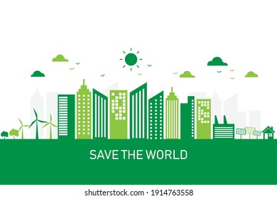 ciudad verde con concepto de desarrollo sostenible. salvar el mundo y la energía. medio ambiente ecológico y conservación. ilustración vectorial en diseño moderno de estilo plano.